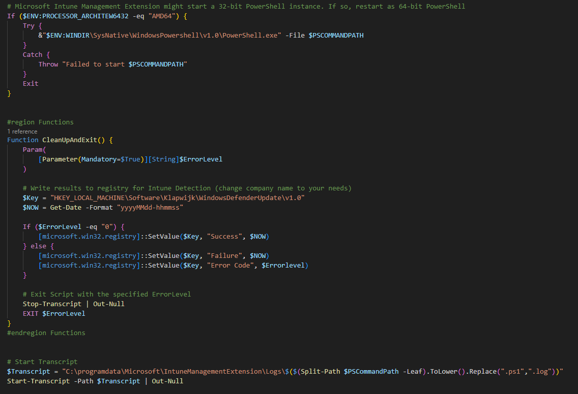 Intune install command for Defender update script